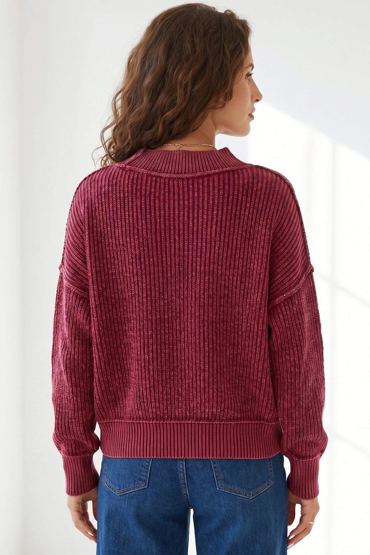 Red Dahlia 100% Cotton Drop Shoulder High Neck Ribbed Sweater