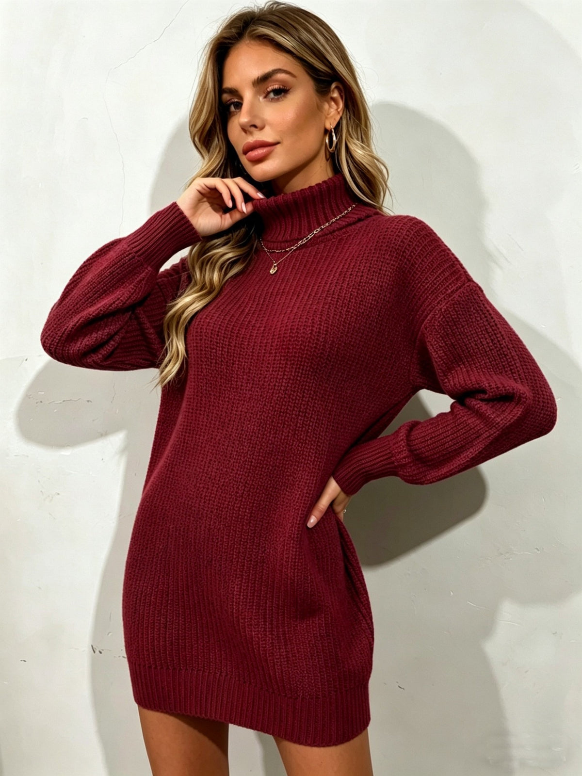 High neck loose woolen dress