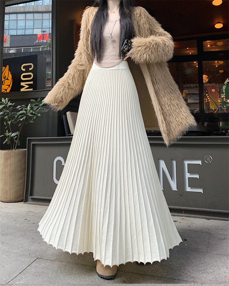 Casual High Waist Pleated Knitted Long Skirt for Women