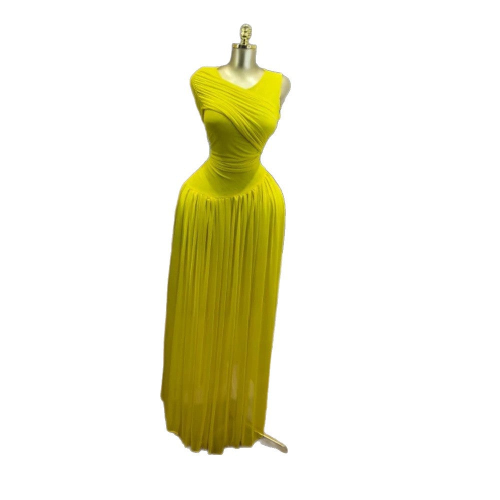 Sleeveless Pleated Mesh Long Formal Dress