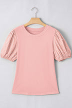 Light Pink Ribbed Pearl Beaded Puff Sleeve Top