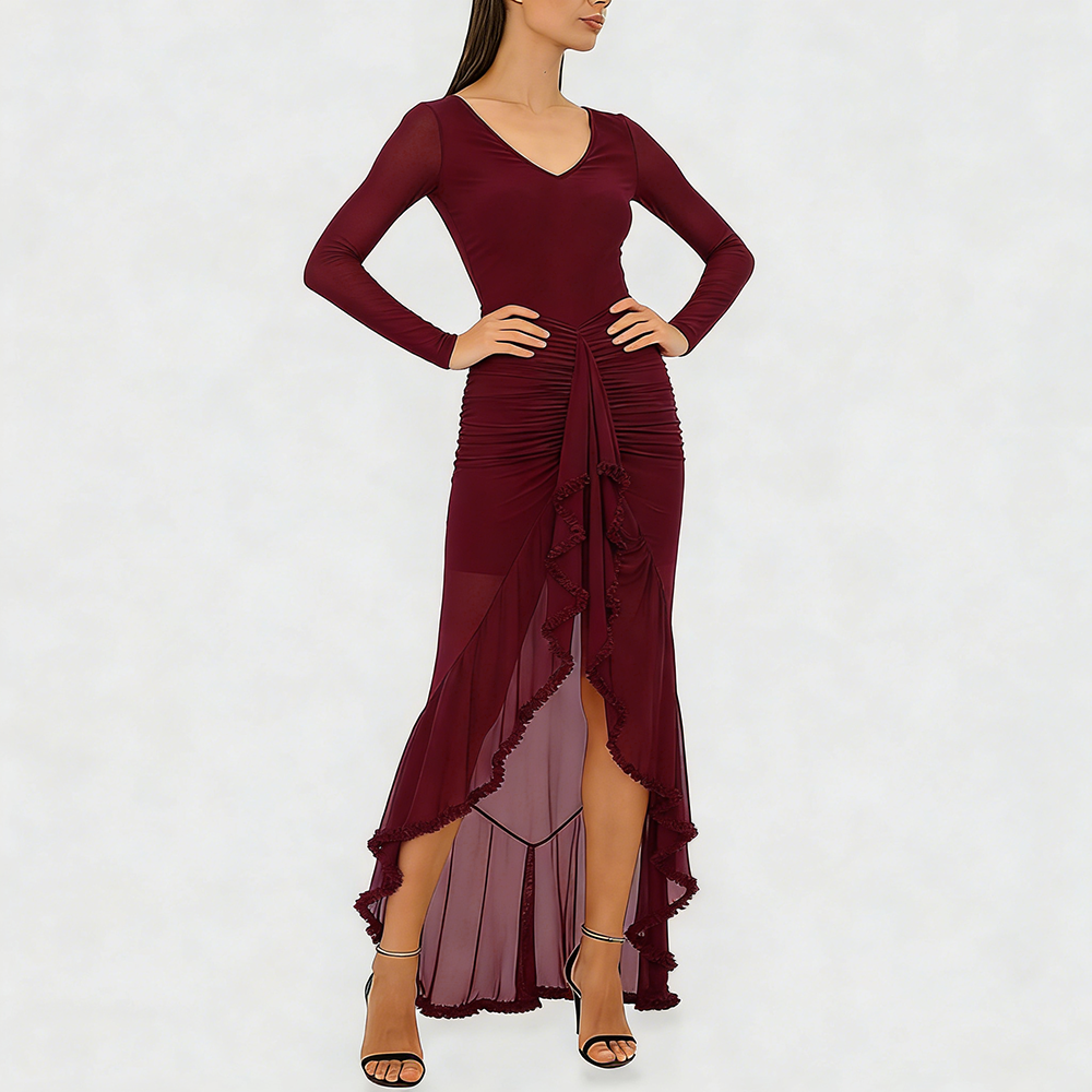 Women's Fashion V-neck Sheer Ruffle Skirt Dress