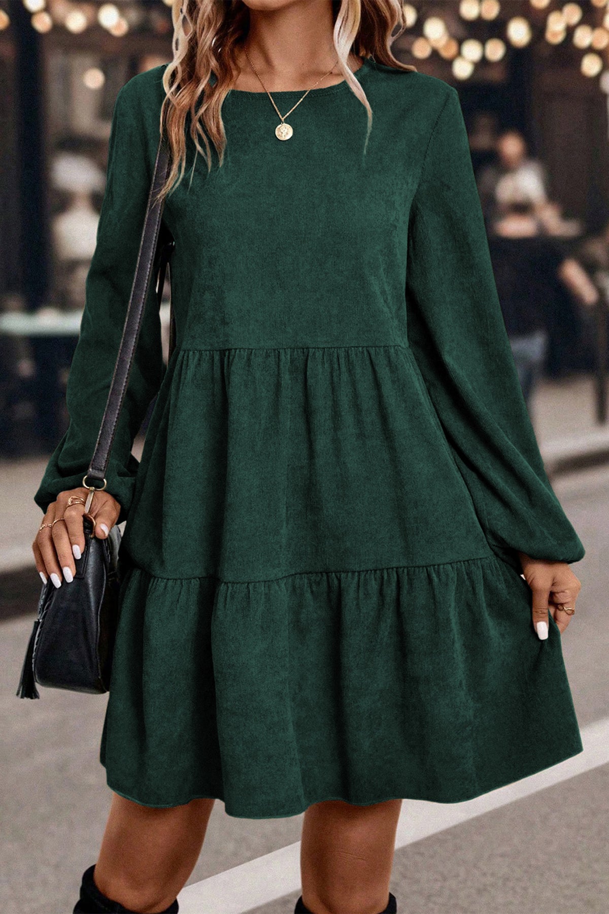 Mist Green Lantern Sleeve Tiered Mini Dress