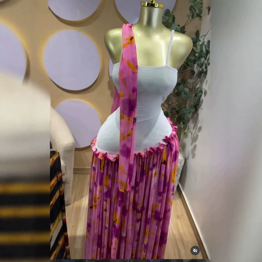 Elegant Printed Sleeveless Backless Slim Fit Chiffon Dress