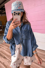 Dusk Blue Three Quarter Sleeve Button Front Loose Denim Shirt