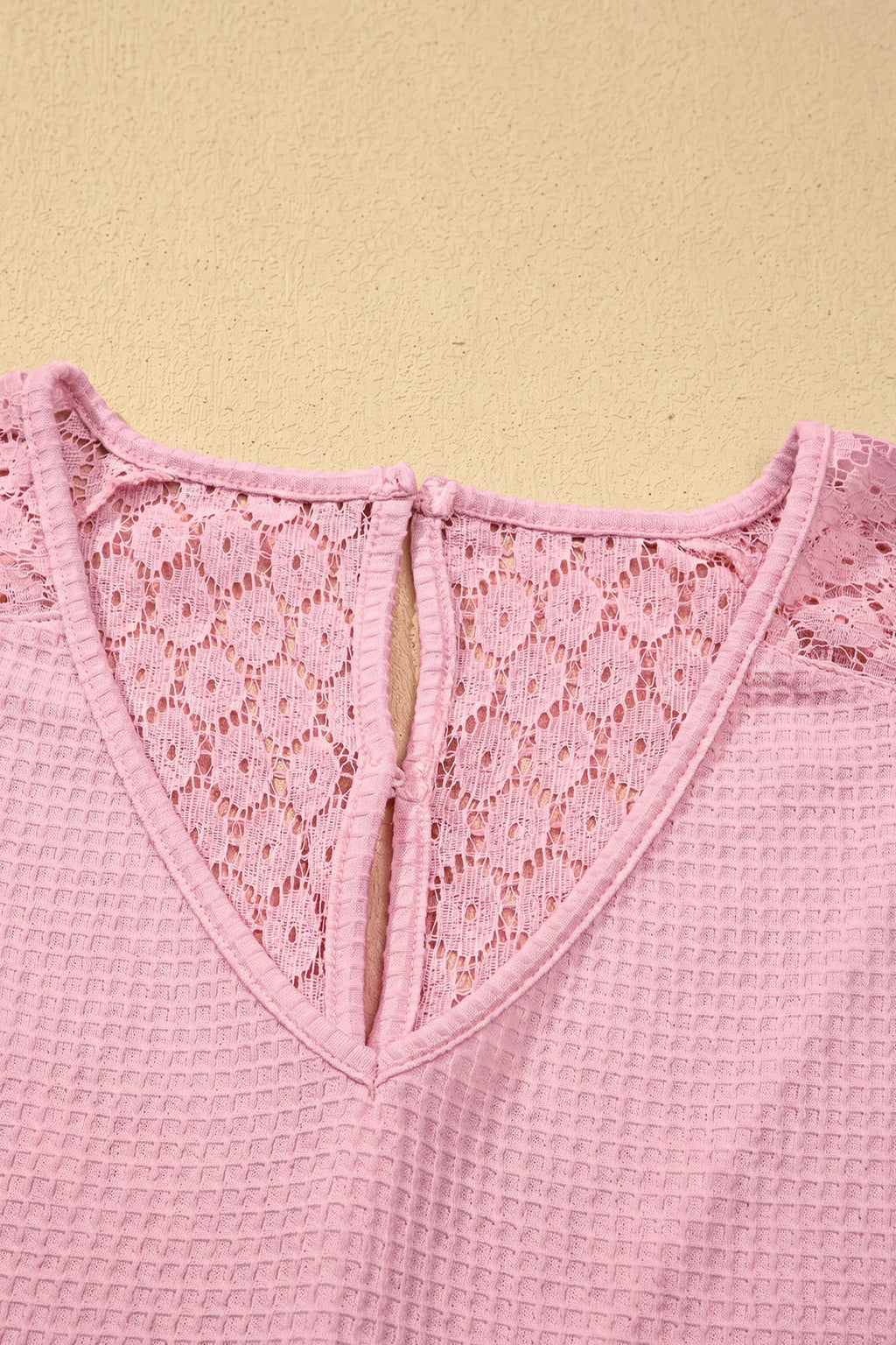 Beige Lace Splicing Button Cutout V Neck Waffle Knit Blouse