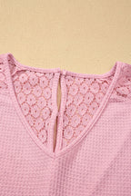 Beige Lace Splicing Button Cutout V Neck Waffle Knit Blouse