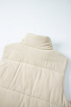 Beige Corduroy Stand Neck Zipped Puffer Vest