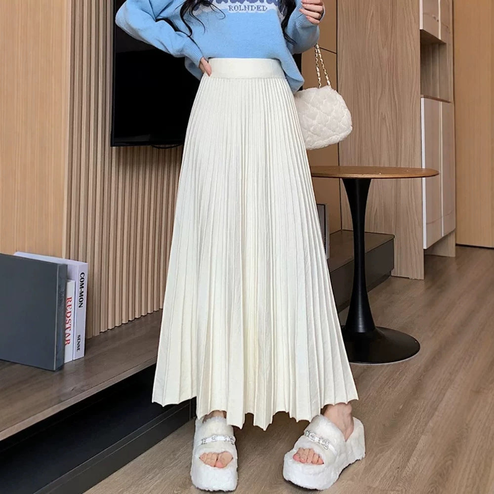 Casual High Waist Pleated Knitted Long Skirt for Women