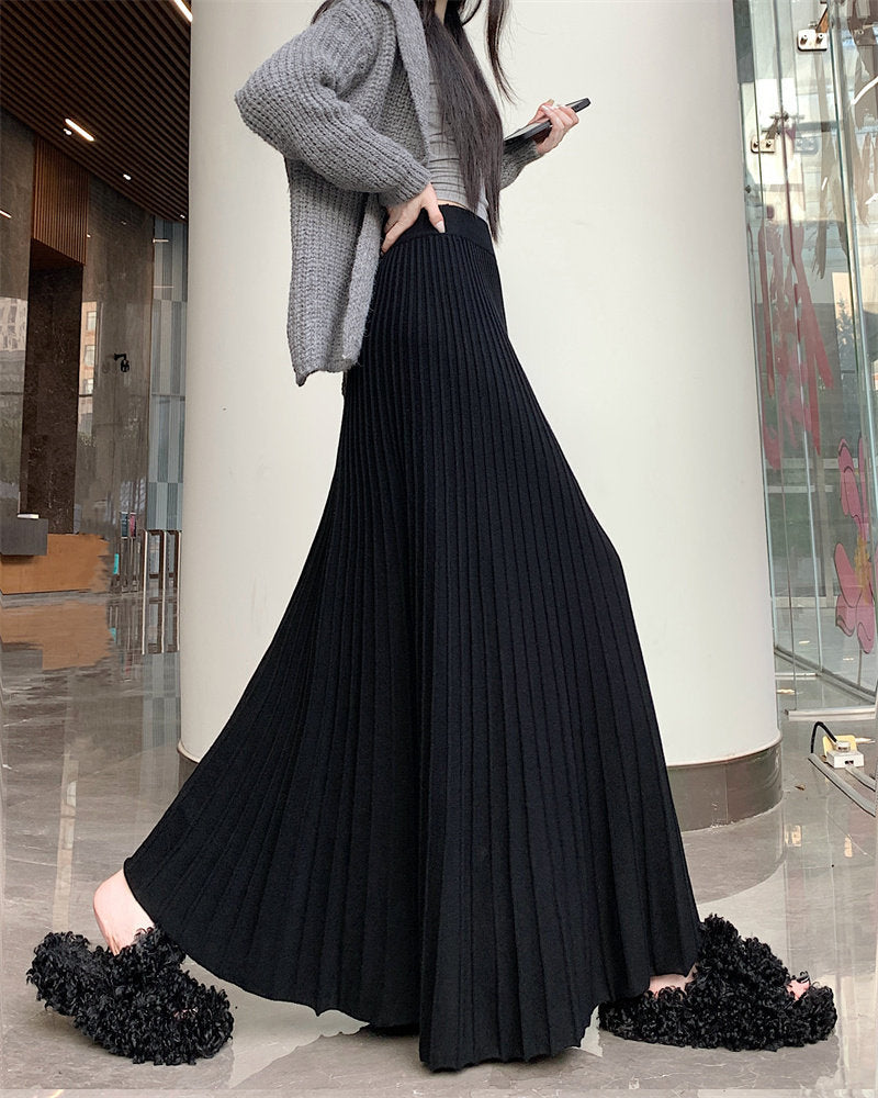 Casual High Waist Pleated Knitted Long Skirt for Women