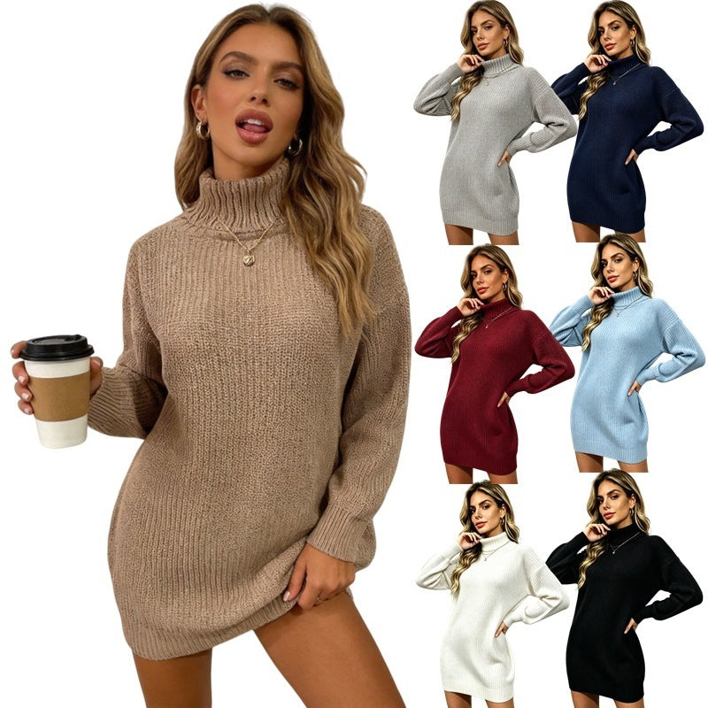 High neck loose woolen dress