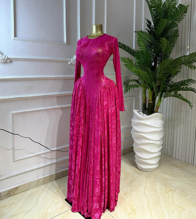 Printed Long Sleeve Hollow Out Mesh Vacation Maxi Dress