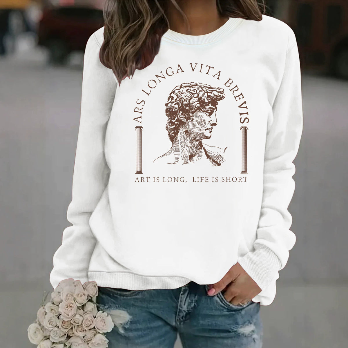 Life Hardship Short Pattern Printed Round Neck Velvet Hoodie