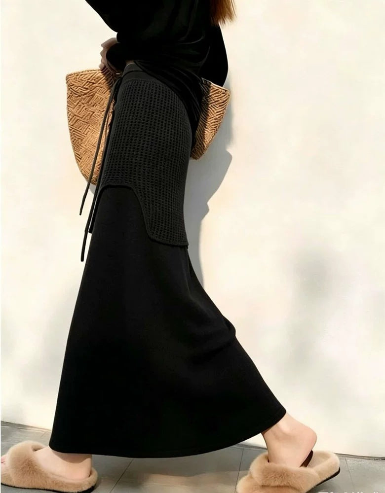 Design-Inspired Spliced Dark Gray Knit Drawstring Waist Maxi Skirt for Women