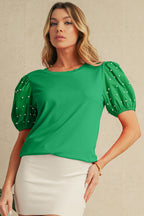 Light Pink Ribbed Pearl Beaded Puff Sleeve Top