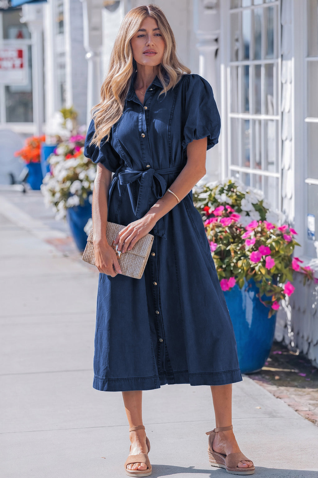 Sail Blue 100% Cotton Full Buttons Collared Short Bubble Sleeve Long Denim Dress