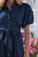 Sail Blue 100% Cotton Full Buttons Collared Short Bubble Sleeve Long Denim Dress