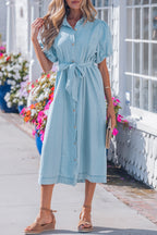 Sail Blue 100% Cotton Full Buttons Collared Short Bubble Sleeve Long Denim Dress