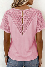 Beige Lace Splicing Button Cutout V Neck Waffle Knit Blouse