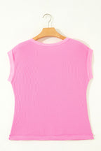 Pink Solid Color Raw Seam Waffled Patchwork Casual T Shirt