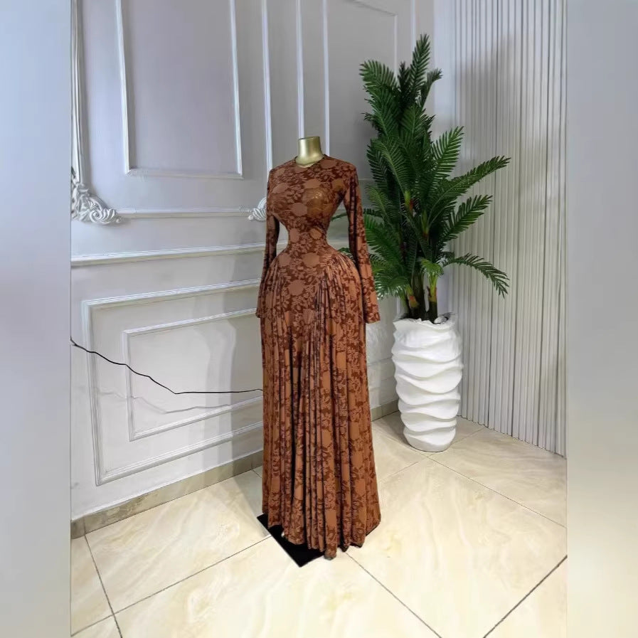 Printed Long Sleeve Hollow Out Mesh Vacation Maxi Dress