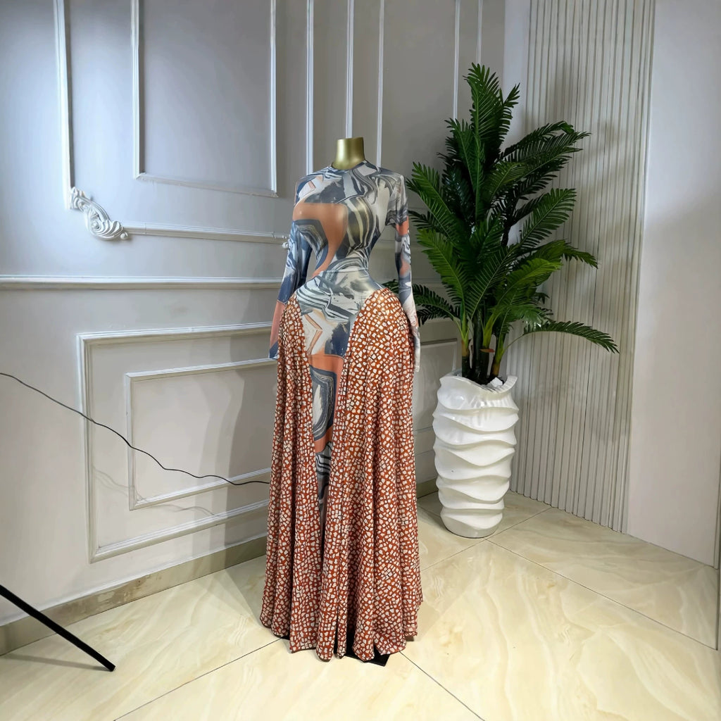 Printed Long Sleeve Sheer Mesh Elegant Long Dress