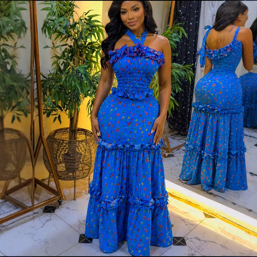 Chic Ruffle Sleeveless Halter Backless Maxi Dress