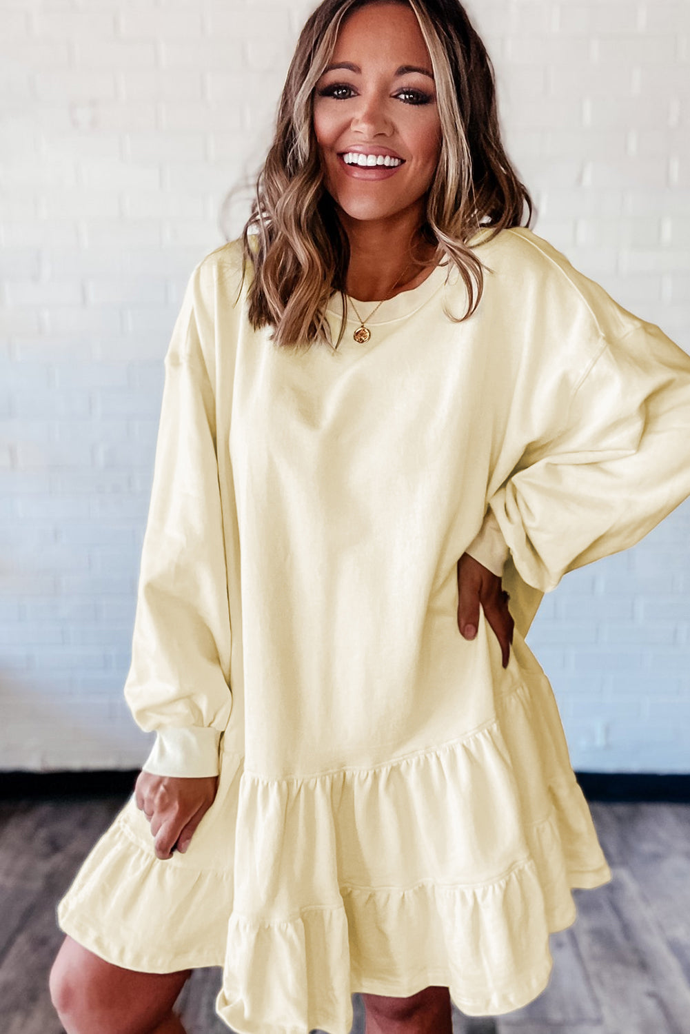 Beige Double Tiered Ruffle Hem Long Sleeve Loose Mini Dress