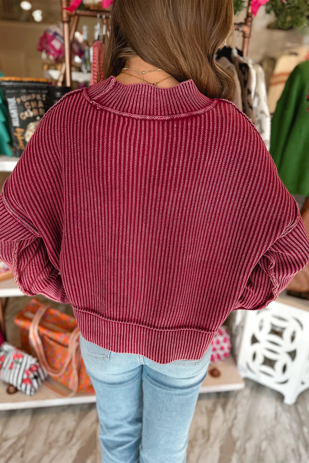 Red Dahlia 100% Cotton Drop Shoulder High Neck Ribbed Sweater