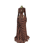 Printed Long Sleeve Hollow Out Mesh Vacation Maxi Dress