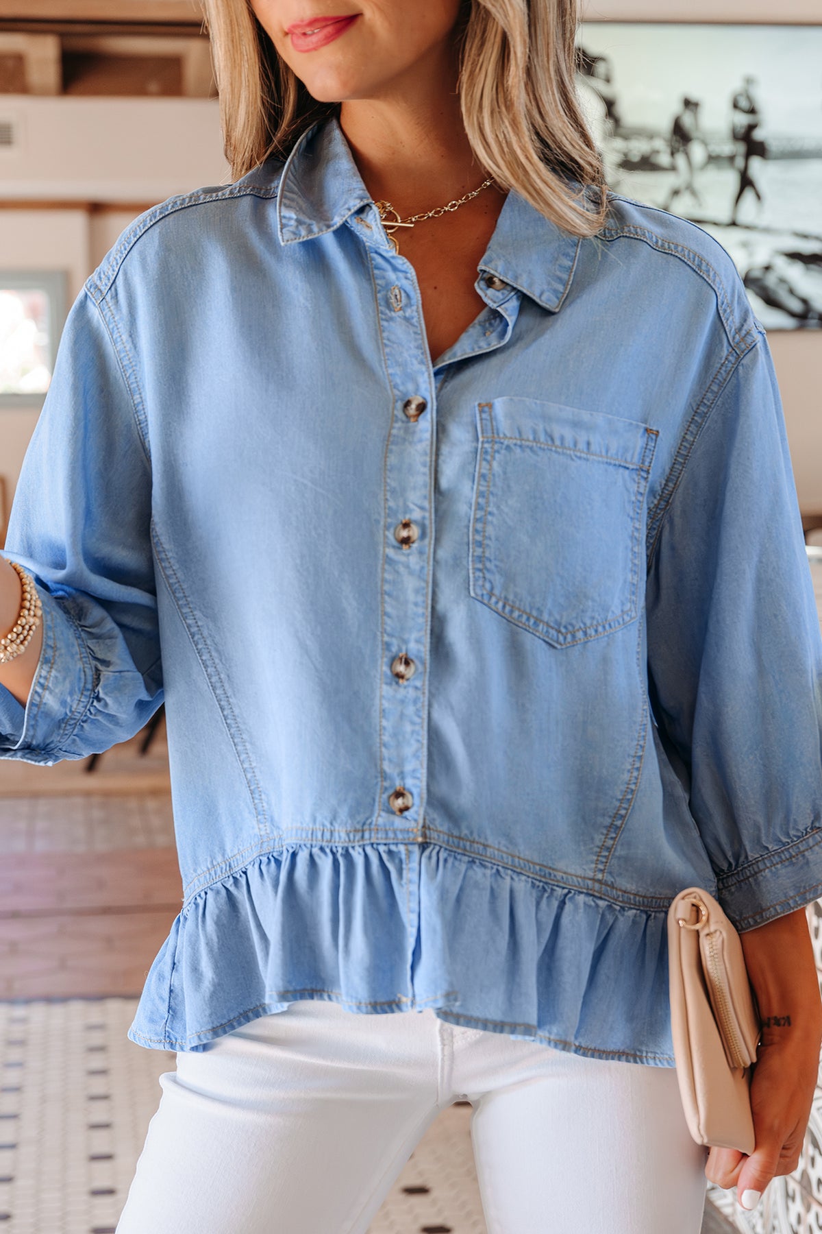 Beau Blue Half Sleeve Button Down Ruffled High Low Chambray Shirt