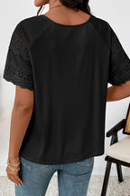 White Ribbed Lace Patchwork Short Sleeve Top