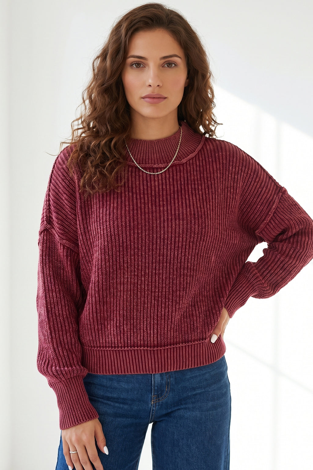 Red Dahlia 100% Cotton Drop Shoulder High Neck Ribbed Sweater