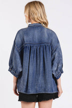 Dusk Blue Three Quarter Sleeve Button Front Loose Denim Shirt