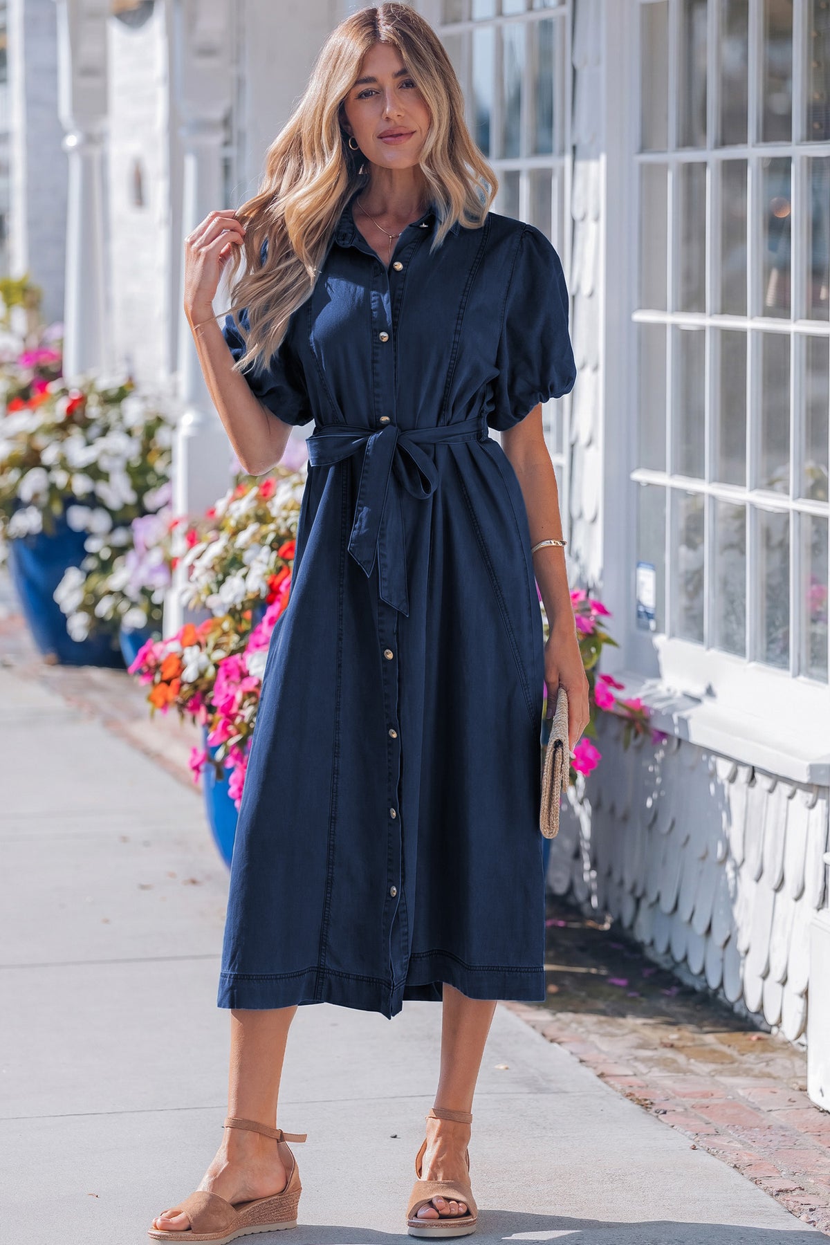 Sail Blue 100% Cotton Full Buttons Collared Short Bubble Sleeve Long Denim Dress