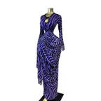 Printed Long Sleeve Mesh Cut-Out Rhinestone Dress