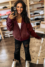 Gray Waffle Splicing Zip Up Front Button Hooded Jacket
