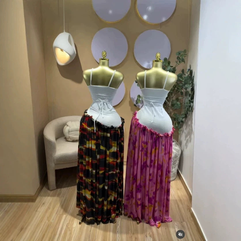 Elegant Printed Sleeveless Backless Slim Fit Chiffon Dress