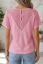 Beige Lace Splicing Button Cutout V Neck Waffle Knit Blouse