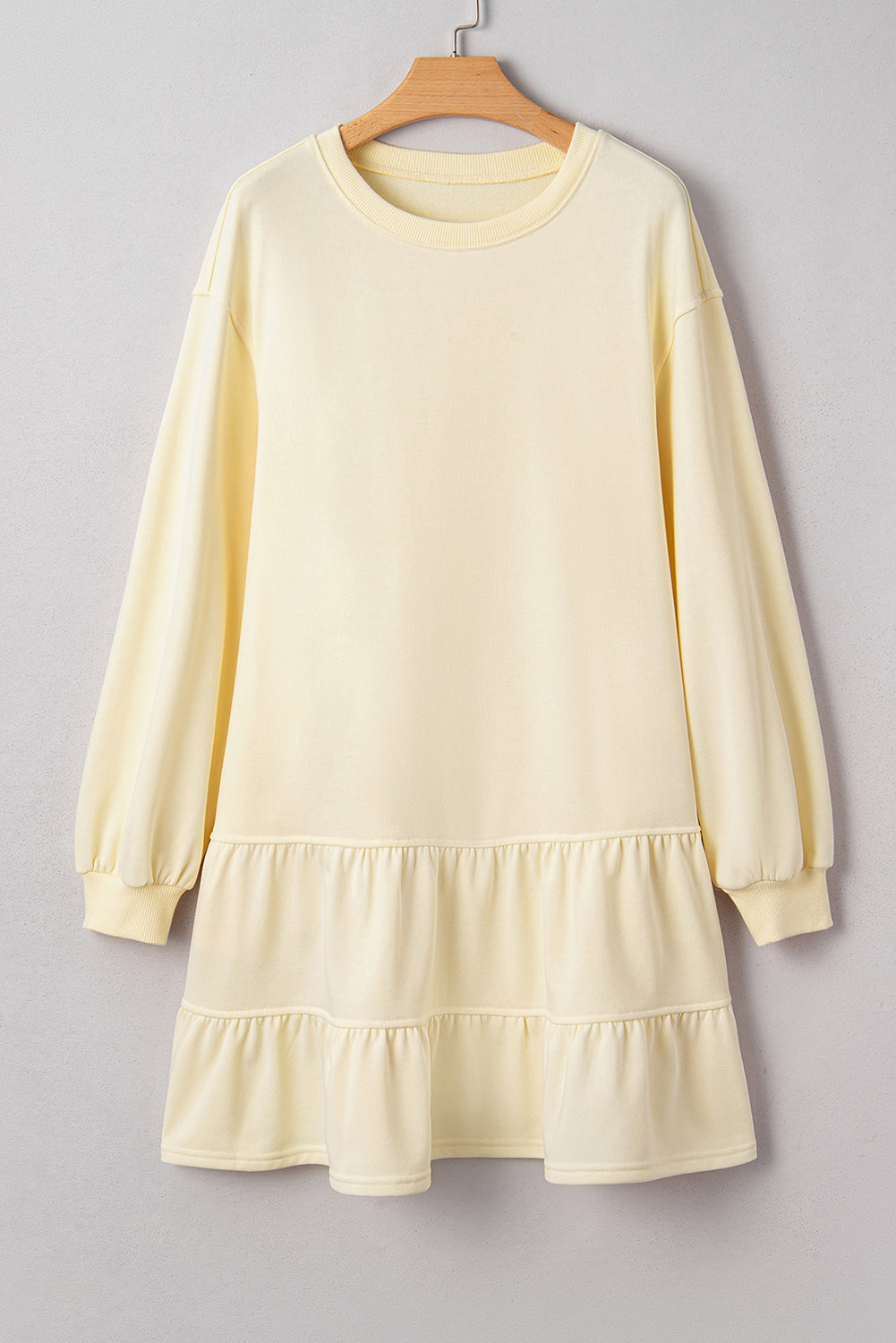 Beige Double Tiered Ruffle Hem Long Sleeve Loose Mini Dress