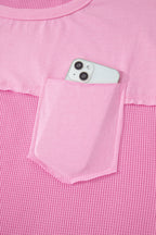 Pink Solid Color Raw Seam Waffled Patchwork Casual T Shirt