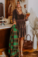 Chicory Coffee Solid Color Velvet V Neck Long Sleeve Tiered Mini Dress