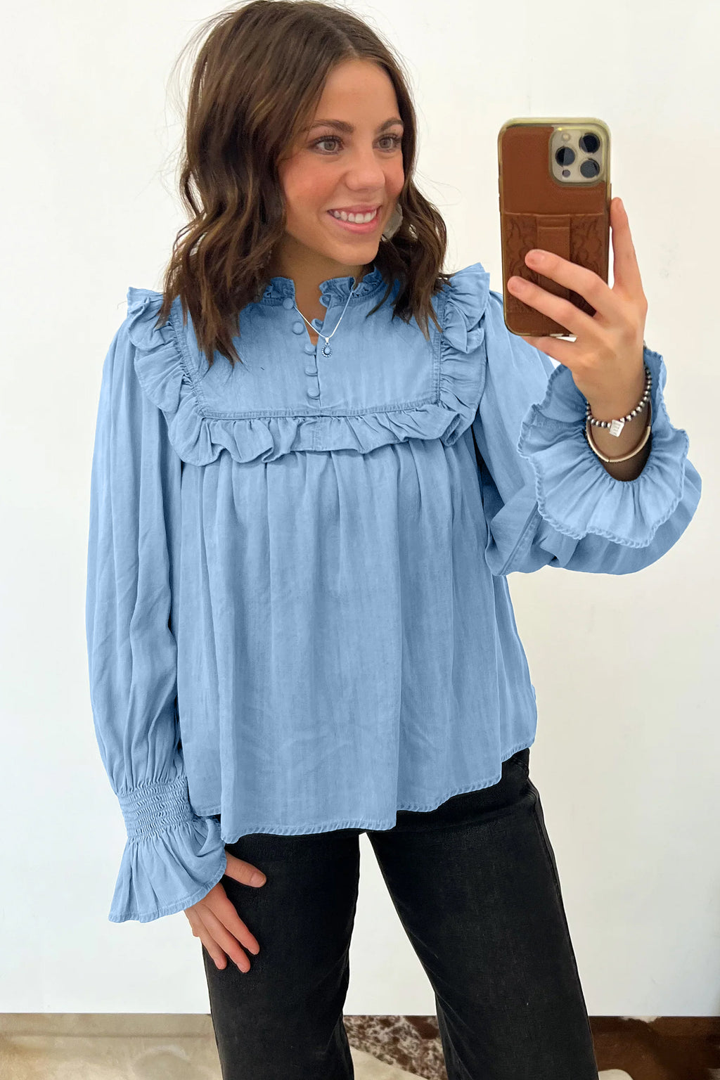 Beau Blue Western Ruffle V Neck Long Sleeve 100% Cotton Chambray Blouse