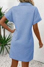 Sky Blue Solid Color Textured Short Sleeve A Line Mini Dress