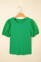 Light Pink Ribbed Pearl Beaded Puff Sleeve Top