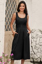 Black Button Shirred High Waist Sleeveless Midi Dress