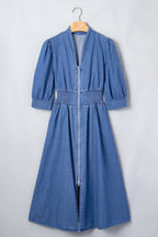 Blue 100% Cotton V Neck Shirred Waist Metal Zipper Denim Midi Dress