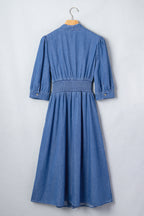 Blue 100% Cotton V Neck Shirred Waist Metal Zipper Denim Midi Dress