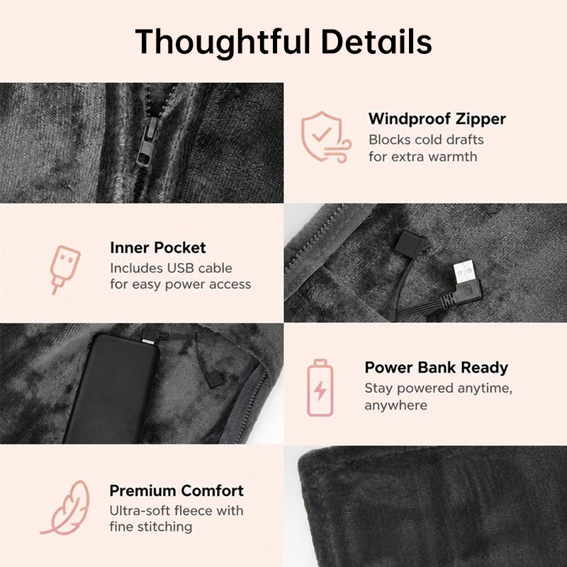 Coral Velvet Heated Blanket Shawl – USB Fast Heating, 3 Levels, 8 Heating Areas, Wearable Heating Mat for Home