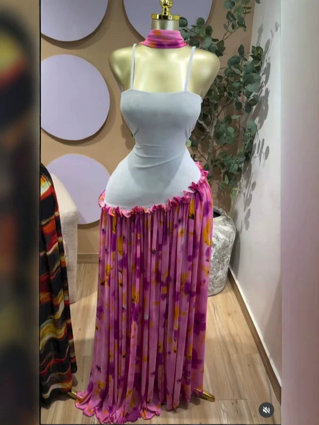 Elegant Printed Sleeveless Backless Slim Fit Chiffon Dress